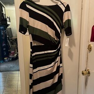 Striped Cinched Waist Midi Dress in Black, Olive & Cream